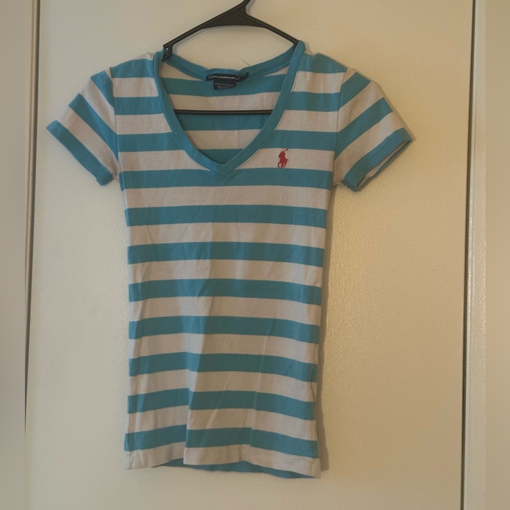 Ralph Lauren Blue and White Striped T-Shirt